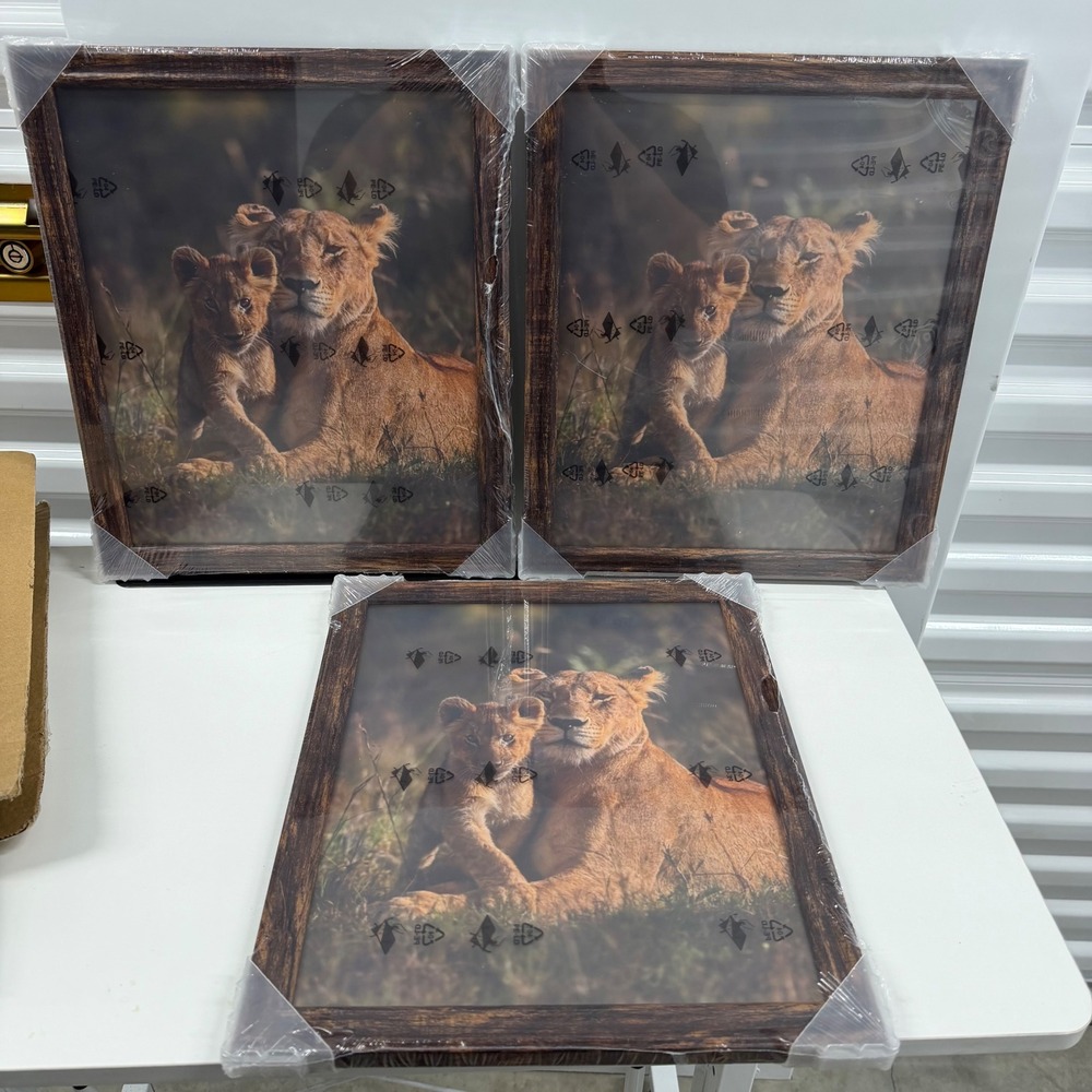 Set of 3 Lioness and Cub Framed Art Prints Rustic Wood Grain 10x12 Safari Decor